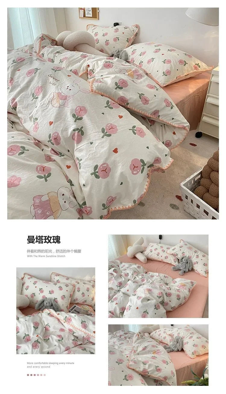 Bedding Set INS Girls Cherry  Soft Washed Cotton Bed Sheet Queen King Size Duvet Set  Comforter Set Pillowcase Bed Linens