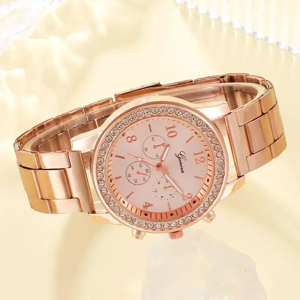 6PCS Set  Fashion Wristwatch Casual Ladies Bracelet Watches Rose Gold Luxury Watch Women Ring Necklace Earring Rhinestone