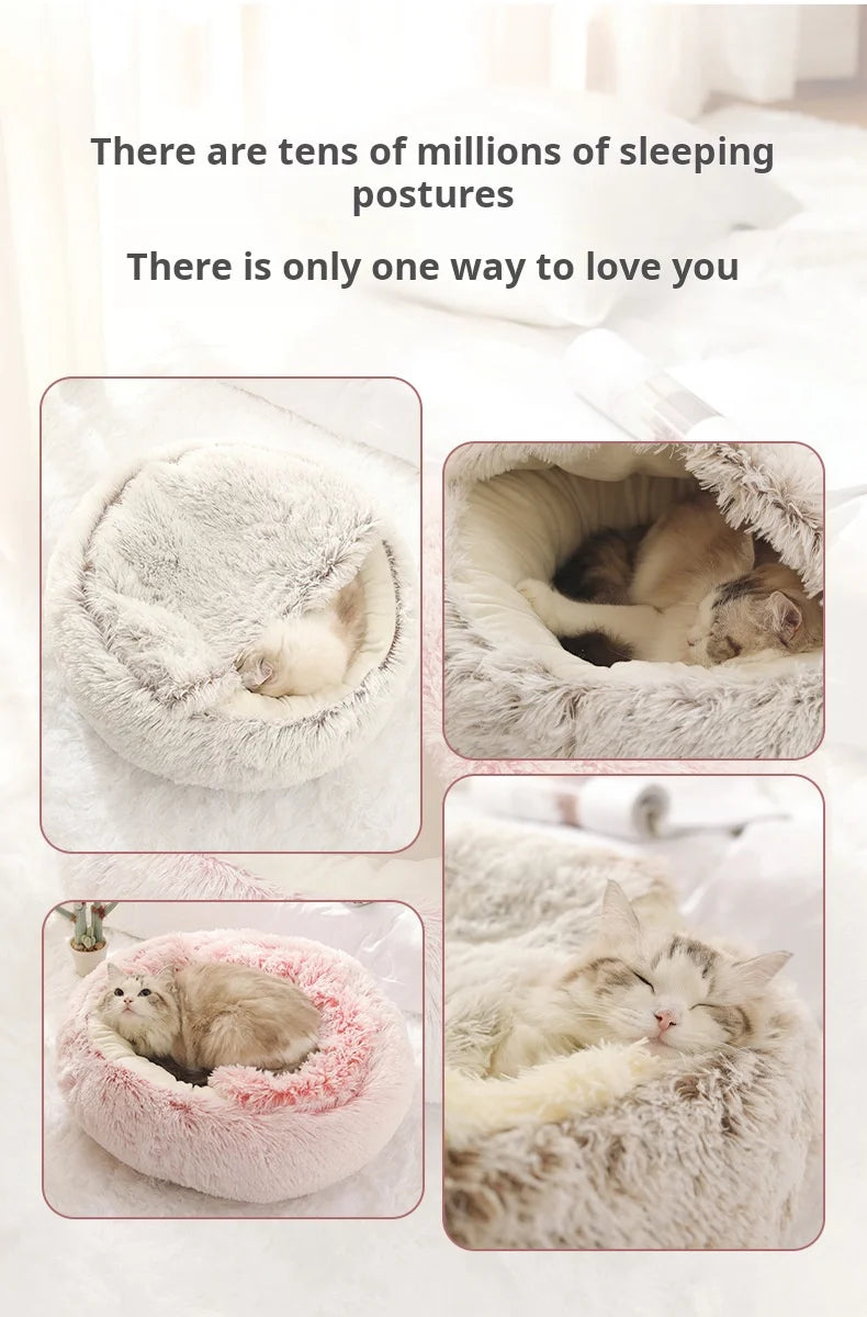 New Warm Long Plush Pet Bed Enclosed Round Cat Cushion Comfortable Sleep Bag Cat Nest Kennel For Small Pet