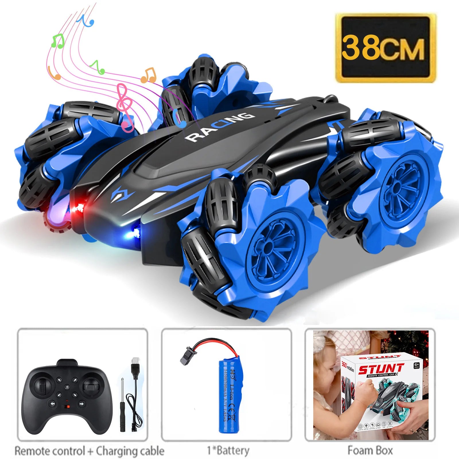 -Road Racing Toy Racing RC Stunt Car ToyExpress Global Mart  SPECIFICATIONSBrand Name: NoEnName_NullRecommend Age: 6-12yIs Electric: AA BatteryOrigin: Mainland ChinaMaterial: PlasticType: CarFeatures: REMOTE CONTROLChoice: yesRemote Control Cars for Double Sided Rotating Light Music Four-Wheel DExpress Global Mart 