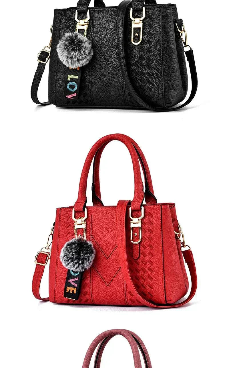 Embroidery messenger bags for women with pom-pom charm, available in black and red.