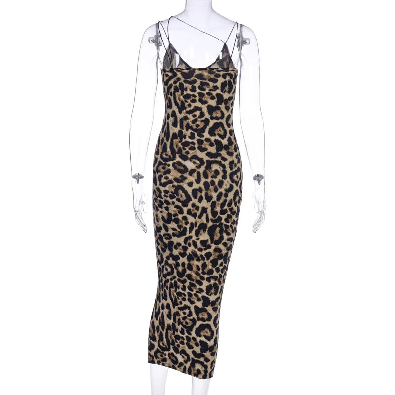 Summer Sexy Leopard Sleeveless Elegant Dress Women Clothing Female Fashion High Waist Spaghetti Strap Slim Evening Party Dresses