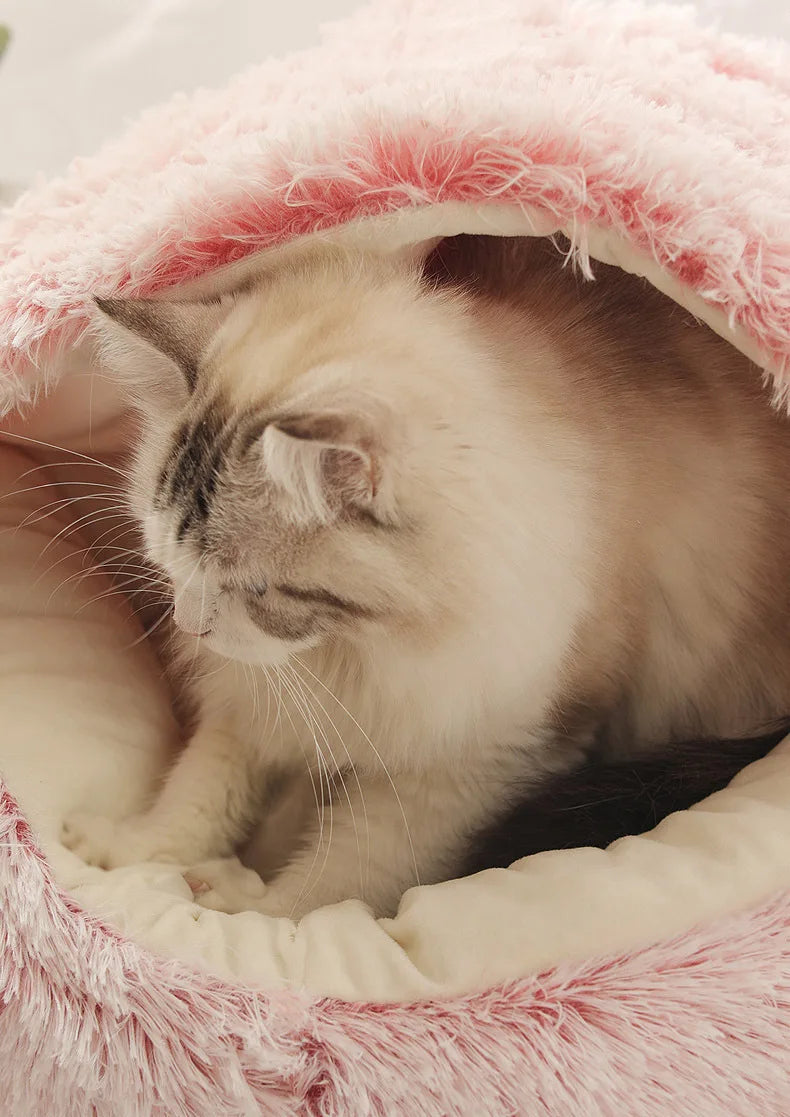 New Warm Long Plush Pet Bed Enclosed Round Cat Cushion Comfortable Sleep Bag Cat Nest Kennel For Small Pet