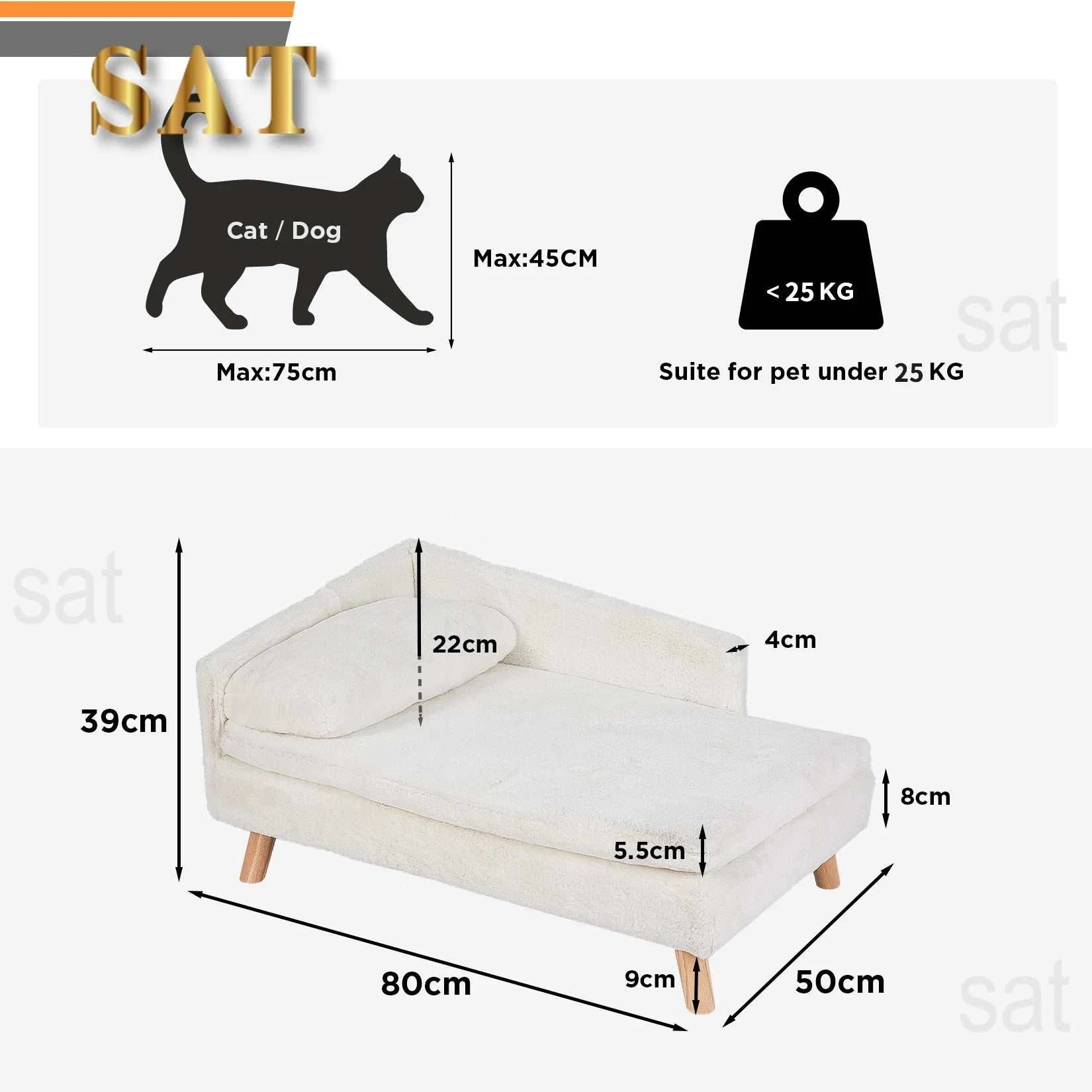 Elevated Pet Bed Solid Wood Leg Dog Cat Sofa for Indoor  L Shape Plush Couch Lounge with Soft Cushion