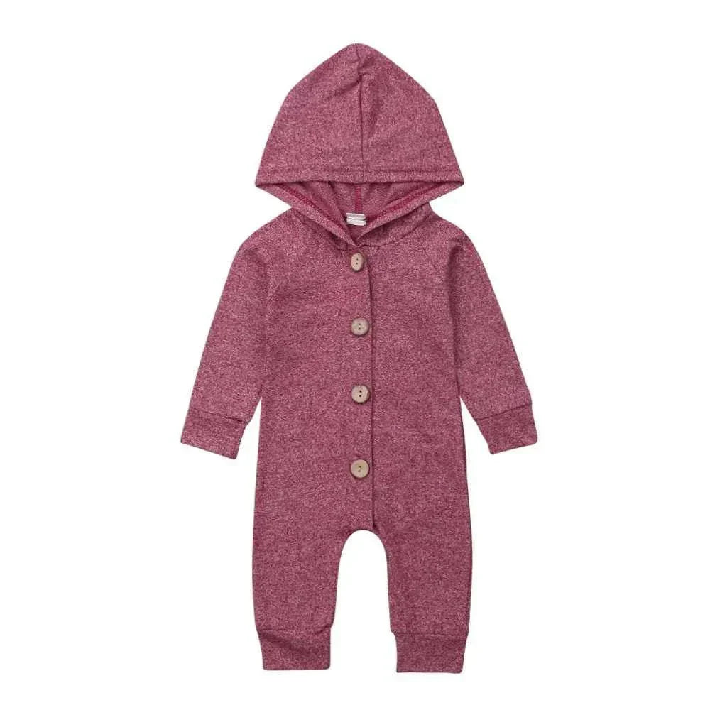 Baby Toddler Hooded Romper with long sleeves and button closure in a solid color.