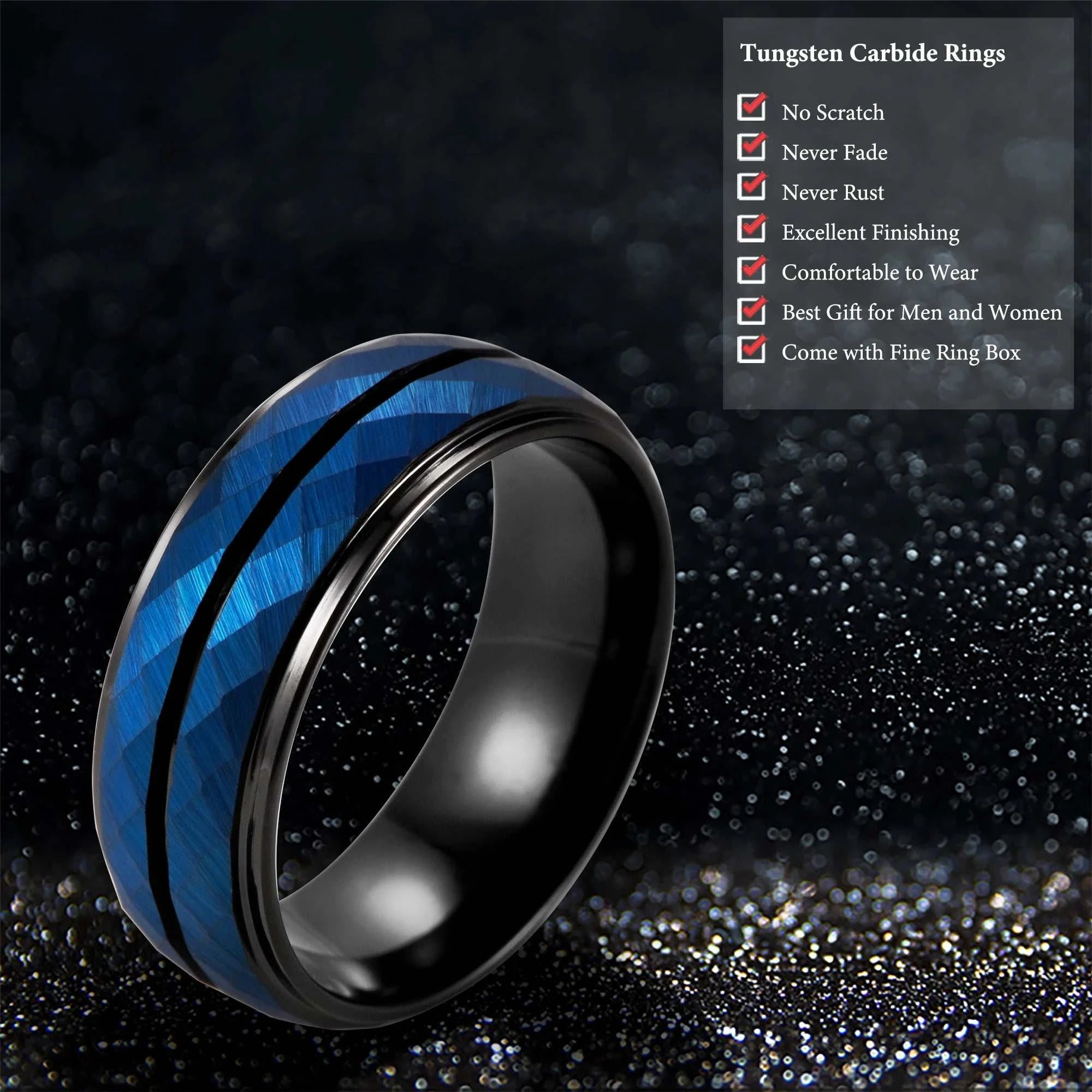 Tungsten Wedding Band Black & Blue Brushed Hammer Tungsten Carbide Ring 8mm Faceted Men Women Engagement Comfort FitExpress Global Mart  wedding_engagement_jewelrySurface Width:8mmRings Type:Wedding BandsShape\pattern:RoundStyle:ClassicOccasion:ENGAGEMENTMaterial:MetalMetals Type:TUNGSTENGender:MenOrigin:Mainland ChinaFine or Tungsten Wedding Band Black & Blue Brushed Hammer Tungsten Carbide Rinb0d141-b8