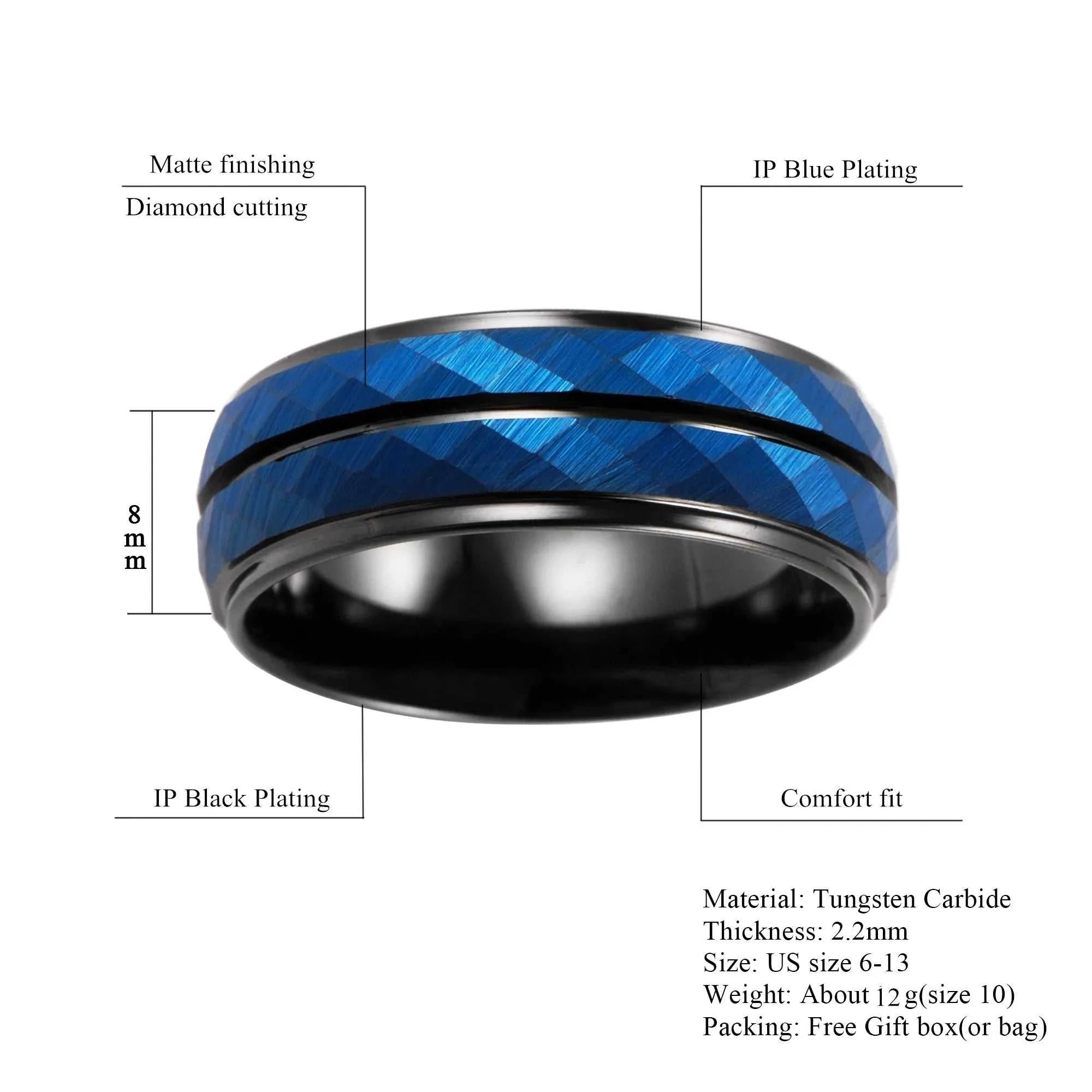 Tungsten Wedding Band Black & Blue Brushed Hammer Tungsten Carbide Ring 8mm Faceted Men Women Engagement Comfort FitExpress Global Mart  wedding_engagement_jewelrySurface Width:8mmRings Type:Wedding BandsShape\pattern:RoundStyle:ClassicOccasion:ENGAGEMENTMaterial:MetalMetals Type:TUNGSTENGender:MenOrigin:Mainland ChinaFine or Tungsten Wedding Band Black & Blue Brushed Hammer Tungsten Carbide Rinb0d141-b8