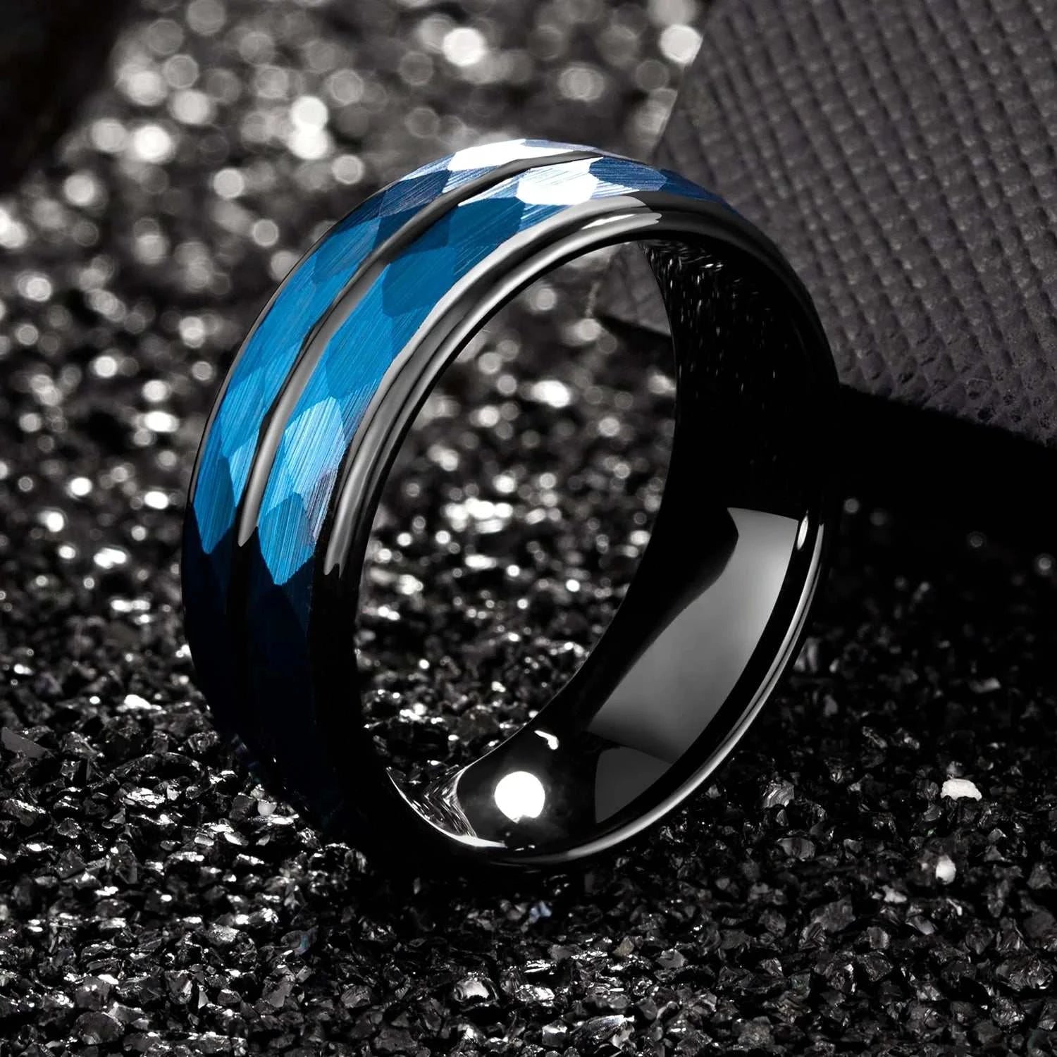 Tungsten Wedding Band Black & Blue Brushed Hammer Tungsten Carbide Ring 8mm Faceted Men Women Engagement Comfort FitExpress Global Mart  wedding_engagement_jewelrySurface Width:8mmRings Type:Wedding BandsShape\pattern:RoundStyle:ClassicOccasion:ENGAGEMENTMaterial:MetalMetals Type:TUNGSTENGender:MenOrigin:Mainland ChinaFine or Tungsten Wedding Band Black & Blue Brushed Hammer Tungsten Carbide Rinb0d141-b8