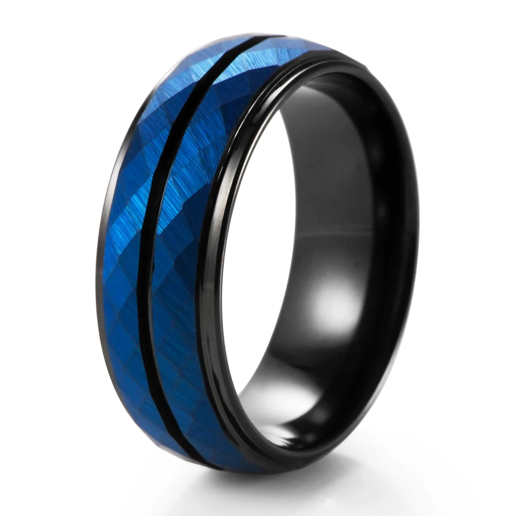 Tungsten Wedding Band Black & Blue Brushed Hammer Tungsten Carbide Ring 8mm Faceted Men Women Engagement Comfort FitExpress Global Mart  wedding_engagement_jewelrySurface Width:8mmRings Type:Wedding BandsShape\pattern:RoundStyle:ClassicOccasion:ENGAGEMENTMaterial:MetalMetals Type:TUNGSTENGender:MenOrigin:Mainland ChinaFine or Tungsten Wedding Band Black & Blue Brushed Hammer Tungsten Carbide Rinb0d141-b8