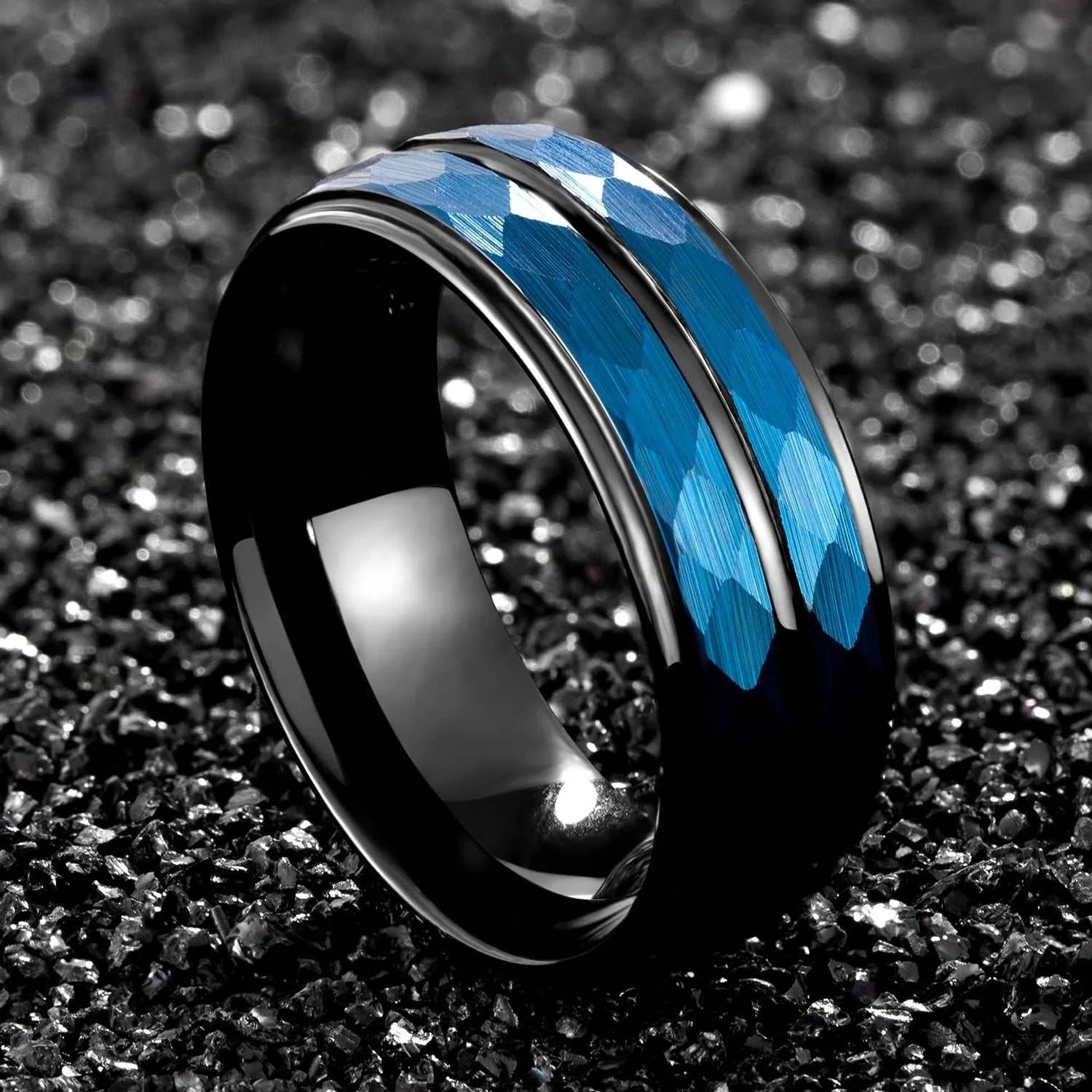 Tungsten Wedding Band Black & Blue Brushed Hammer Tungsten Carbide Ring 8mm Faceted Men Women Engagement Comfort FitExpress Global Mart  wedding_engagement_jewelrySurface Width:8mmRings Type:Wedding BandsShape\pattern:RoundStyle:ClassicOccasion:ENGAGEMENTMaterial:MetalMetals Type:TUNGSTENGender:MenOrigin:Mainland ChinaFine or Tungsten Wedding Band Black & Blue Brushed Hammer Tungsten Carbide Rinb0d141-b8