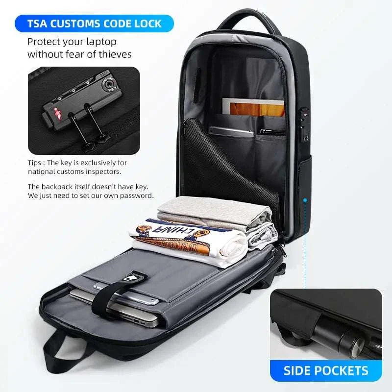 Anti-theft laptop backpack with TSA lock, ample storage, and USB charging port.