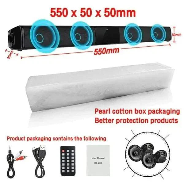 Home Theater Wireless Sound Bar with Bluetooth, USB, FM radio, subwoofer, and accessories included.