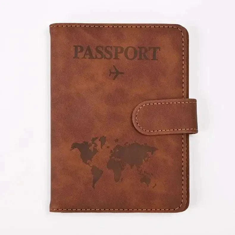 PU Leather Passport and Card Holder in brown with map design and button closure.