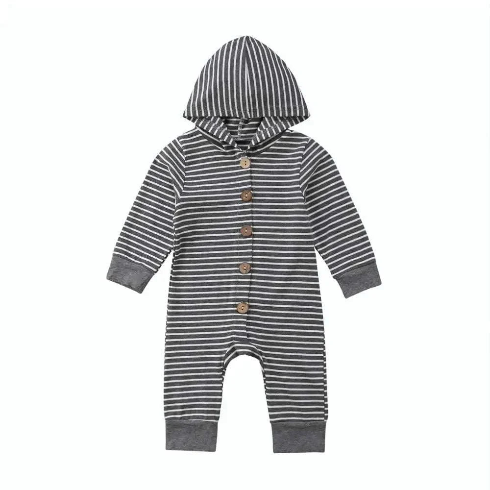 Baby Toddler Hooded Romper with stripes, button closure, and attached hood.