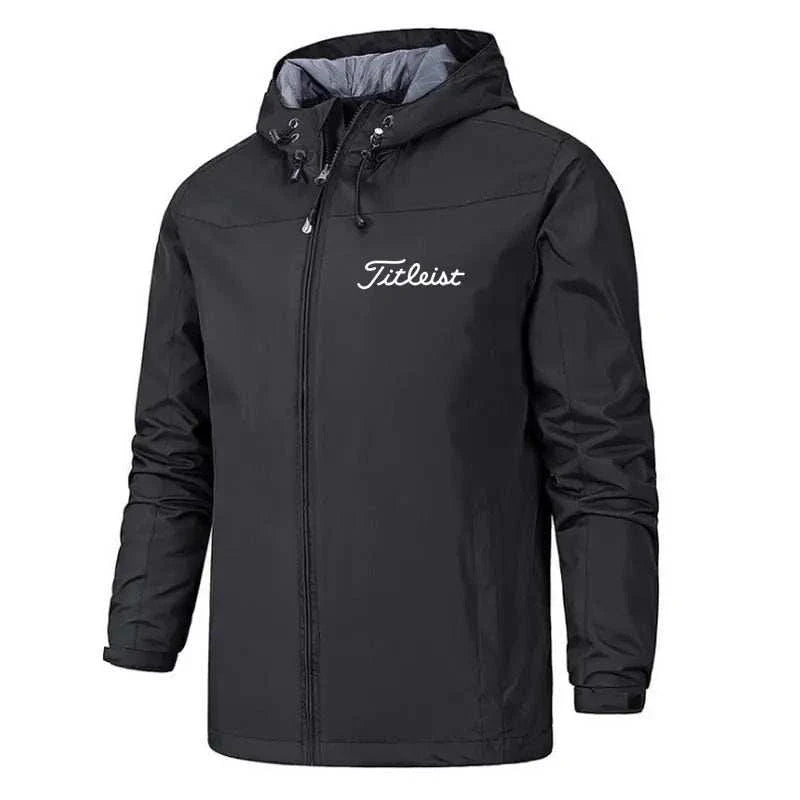 Men's waterproof windbreaker jacket, lightweight, black, breathable, durable for outdoor wear.