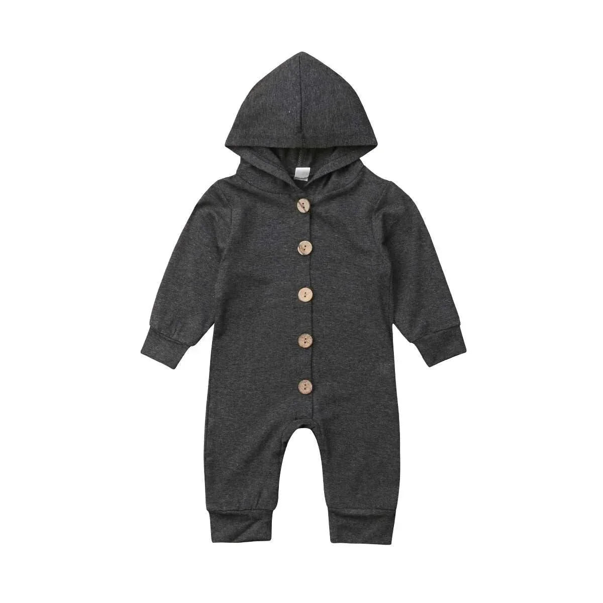 Baby toddler hooded romper with long sleeves and button-down design in dark gray.