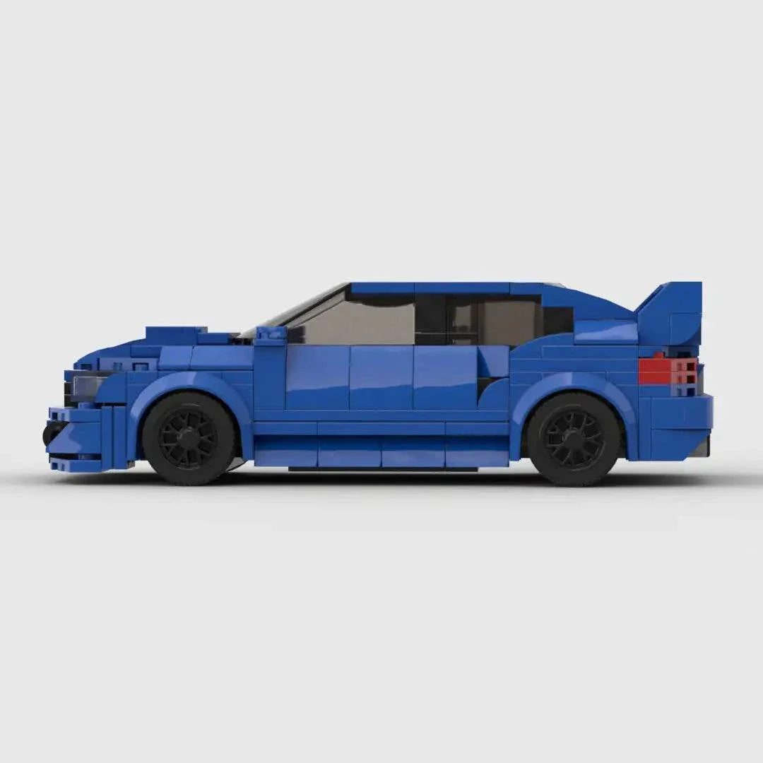 LEGO Subaru WRX STI model, blue, side view.