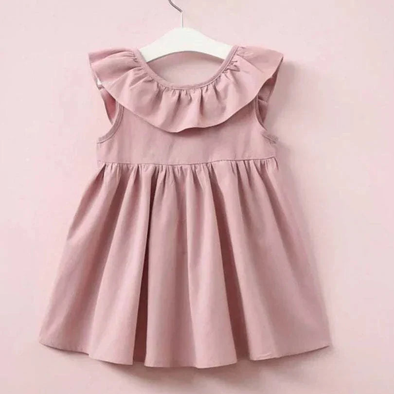 Toddler Girls' Bowknot Summer Sundress in pink with ruffled collar.