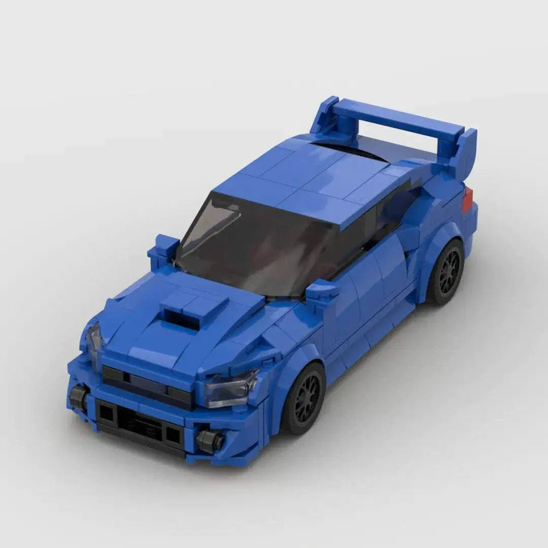 Blue LEGO model of a Subaru WRX STI showcasing sleek design and style.