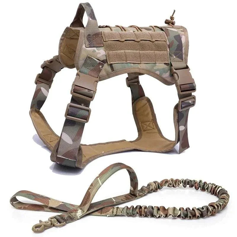 Nylon tactical dog harness with handle and bungee leash for large dogs, camouflage design.