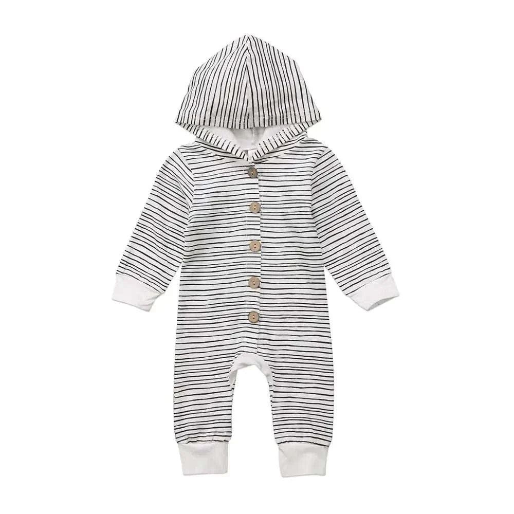 Striped baby toddler hooded romper with button front and long sleeves.