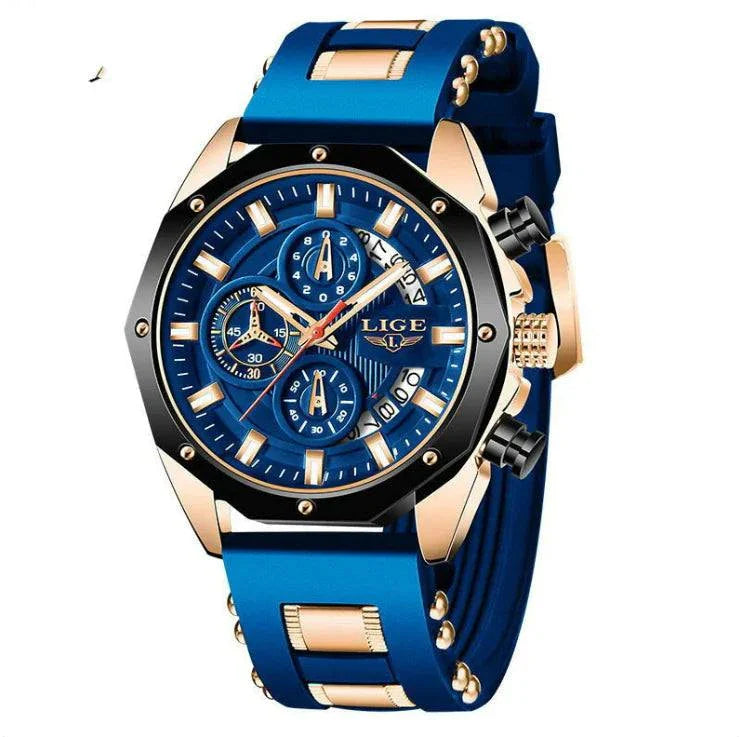 Luxury Silicone Sport Chronograph Watch with blue strap and gold accents.