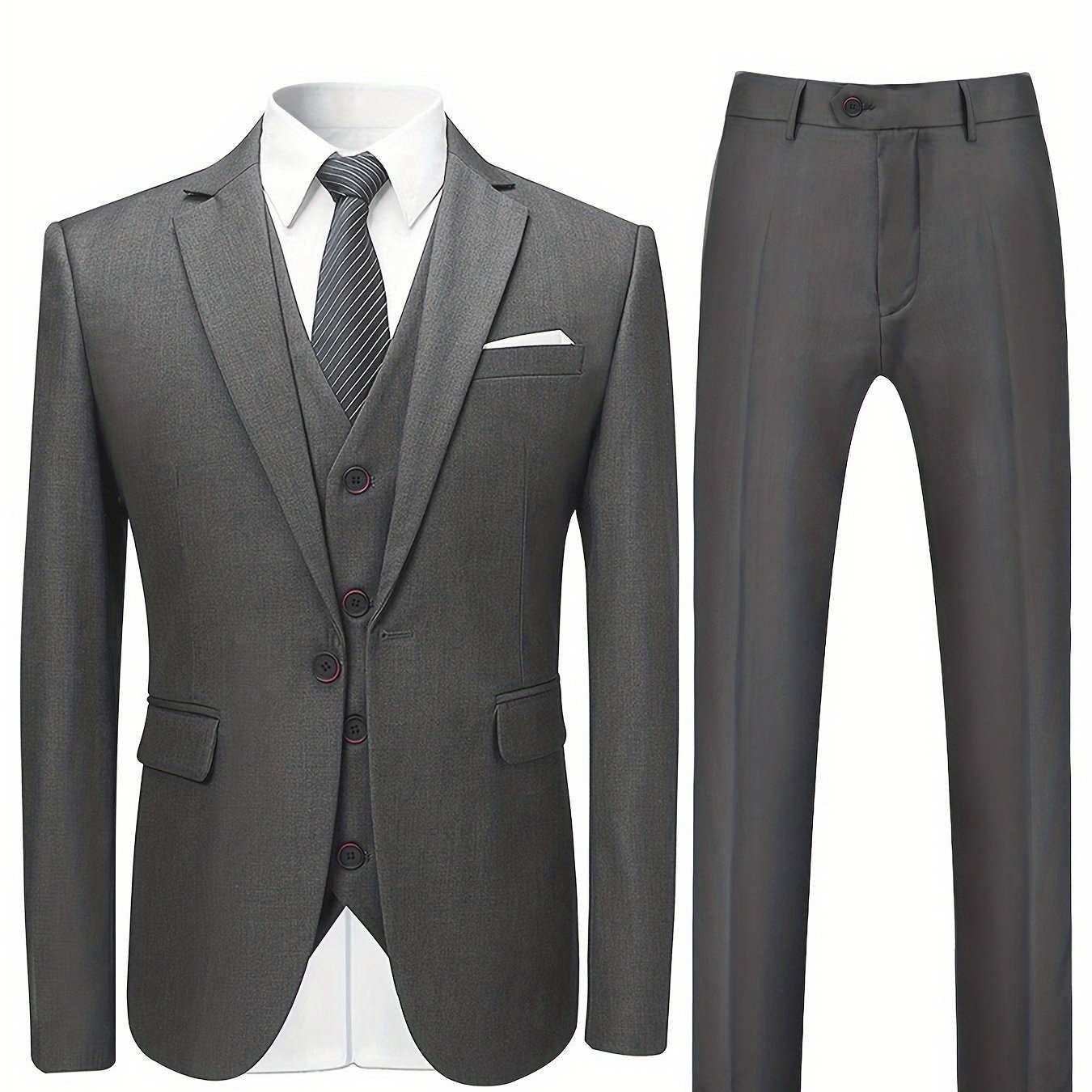 Elegant 3pc Mens Suit Set - Single-Button Blazer, Tailored Vest & Trousers - IdealExpress Global Mart  customizedMaterial:PolyesterDetails:PocketPattern:Solid colorSheer:NoFabric:Non-StretchCollar Style:LapelSeason:AllOperation Instruction:Dry cleanStyle:WorkFit Type:RegularTopElegant 3pc Mens Suit Set - Single-Button Blazer, Tailored Vest & TrouCartifind