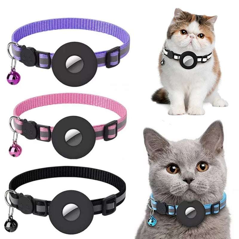 Reflective nylon collar with Airtag holder for pets, shown in purple, pink, and black with cats wearing them.