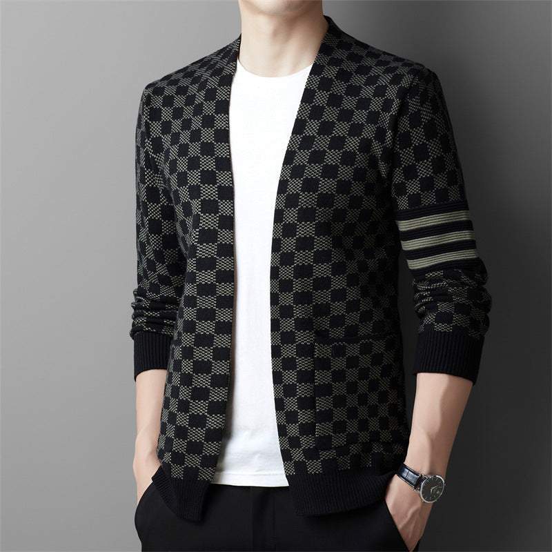 Autumn men's V-neck plaid sweater in dark colors, long sleeves, polyester blend, Korean style.