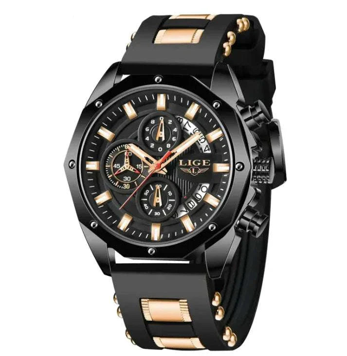 Luxury silicone sport chronograph watch with black and gold design.