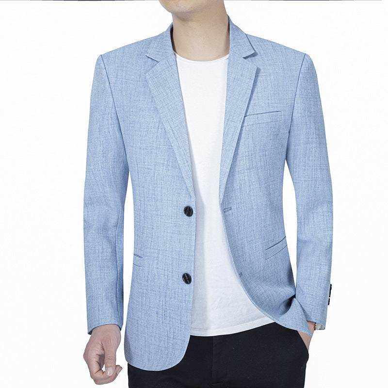 Young men's light blue business casual suit jacket, solid color, polyester blend, regular length.