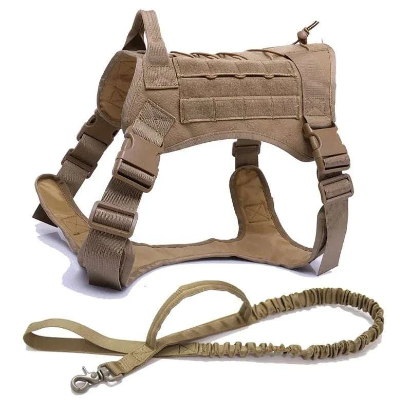 Nylon tactical dog harness with handle and bungee leash for large dogs in beige.