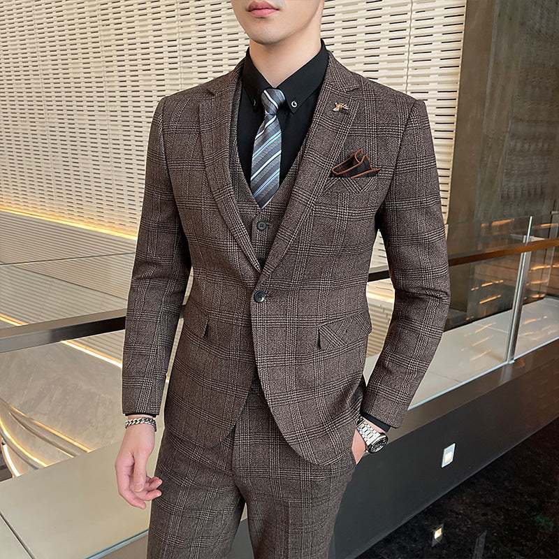 Casual Banquet Dress Korean suit, brown three-piece set with striped tie, full hemp lining.