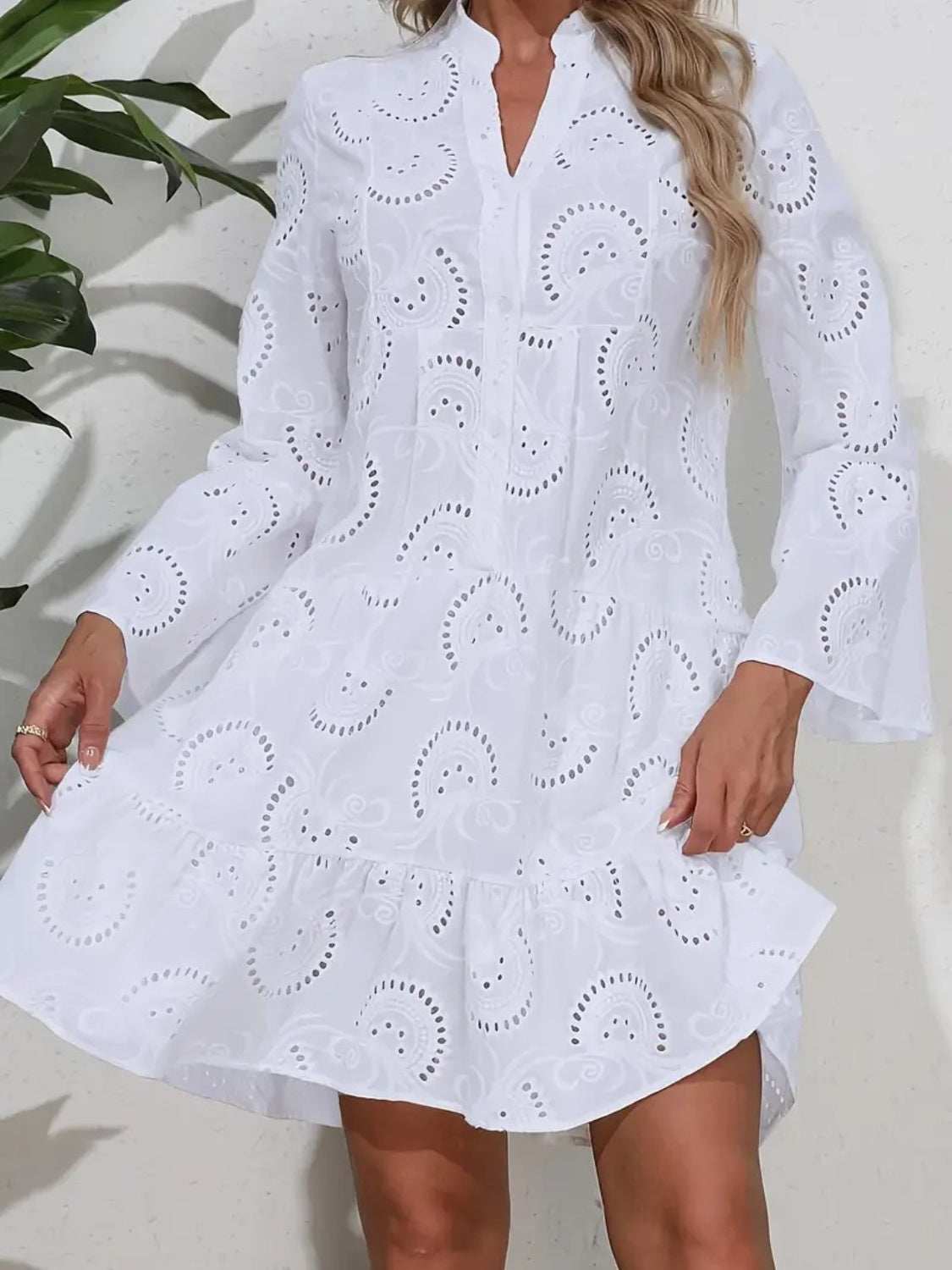 Ruffle Hem Eyelet Notched Long Sleeve DressExpress Global Mart  Features: Buttoned
Sheer: Semi-sheer
Stretch: No stretch
Body: Lined
Material composition: 100% polyester
Care instructions: Machine wash cold. Tumble dry low.
ImporRuffle Hem Eyelet Notched Long Sleeve DressTrendsi