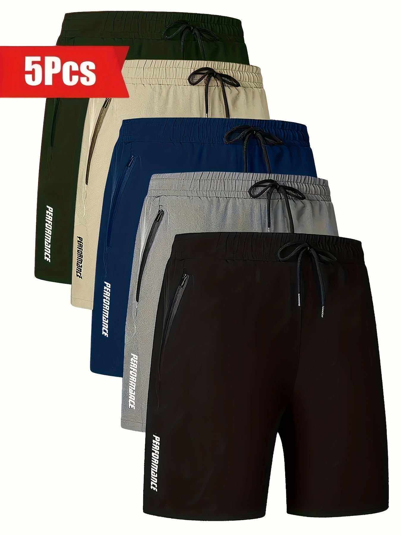 5pcs Men's quick-dry breathable shorts with zipper pockets, multiple colors, casual summer wear.