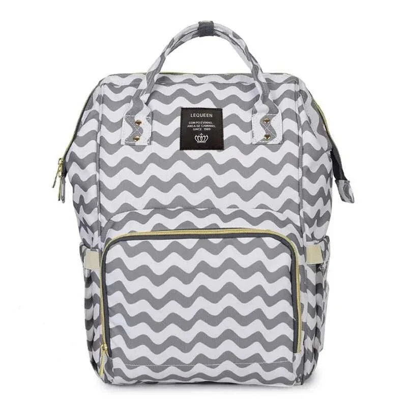 Fashion maternity nappy bag with chevron design, spacious compartments, and padded handles.