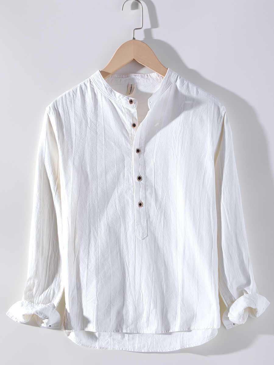 Linen Shirt Long Sleeved Stand Collar Retro Top in White