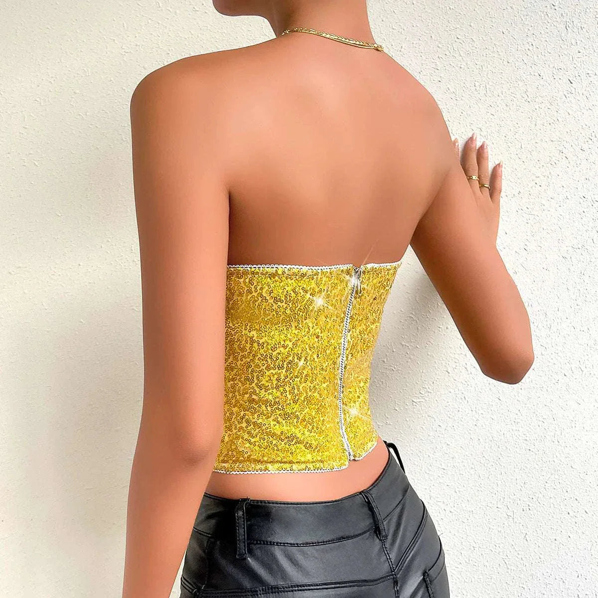 Yellow Glitter Tank Top for Women with Slim Fit Sequin Design