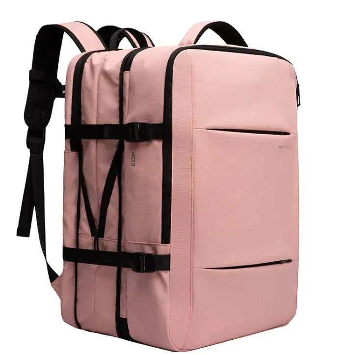 Men's business travel backpack in pink, durable Oxford cloth, spacious 36-55L capacity, with adjustable straps, laptop pocket, and zipper closure.