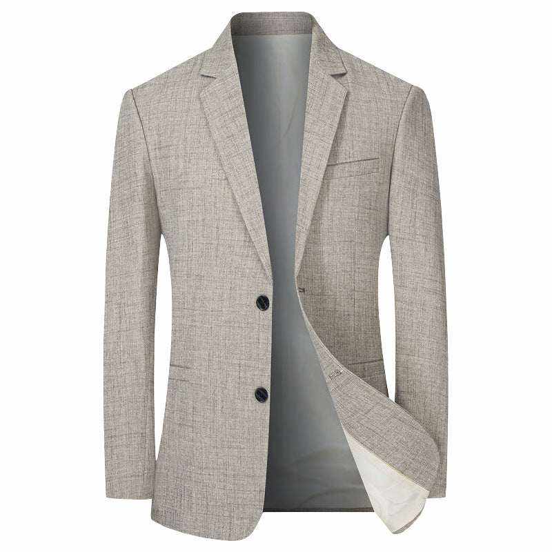 Young men's business casual beige suit jacket with solid color and no pockets.