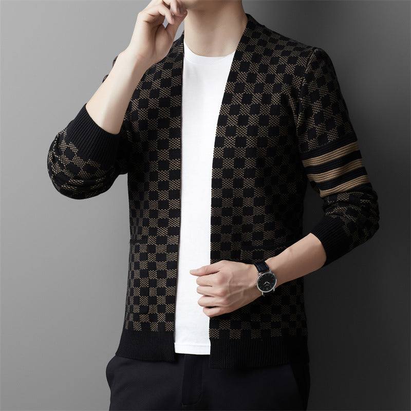 Autumn men's V-neck plaid sweater in dark colors, Korean style, long sleeves.