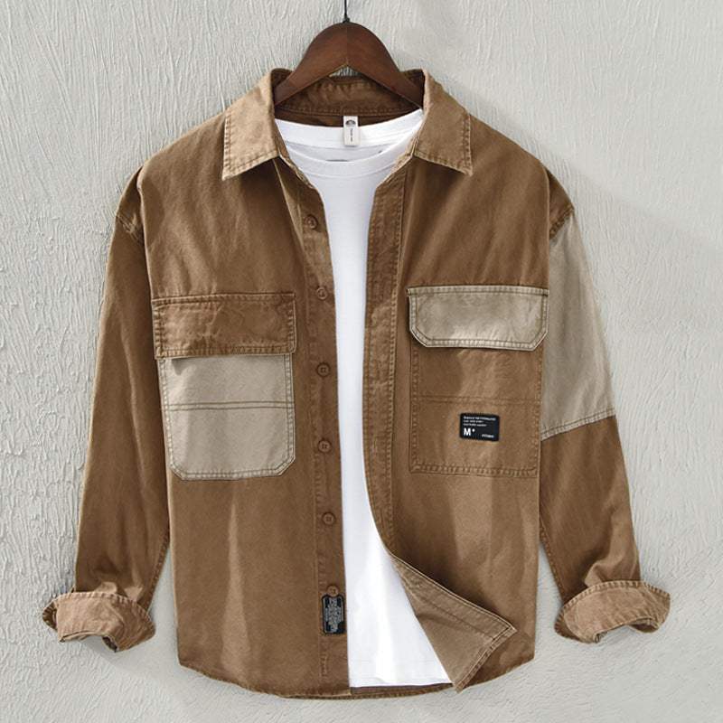 Color contrast patchwork workwear shirt for men, trendy long sleeve in khaki, army green, gray, pure cotton fabric.