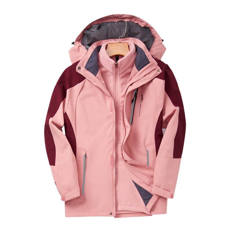 Men's and Women's Shell Jacket Detachable Ski Suit in pink and maroon, waterproof and windproof with polar fleece lining.