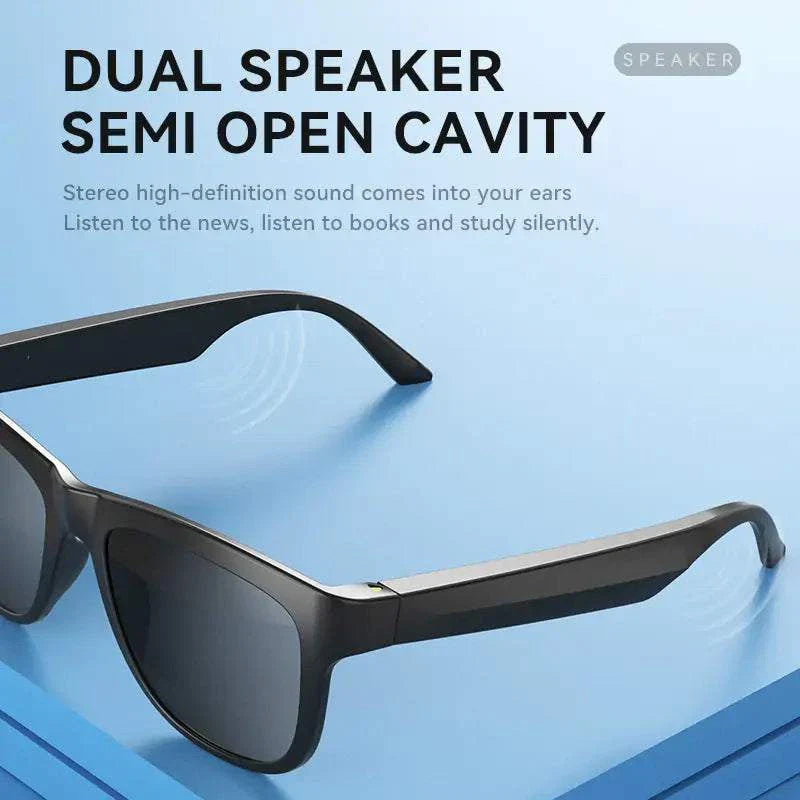 Bluetooth-enabled headphone sunglasses with dual-speaker, semi-open cavity design for stylish, hands-free listening.