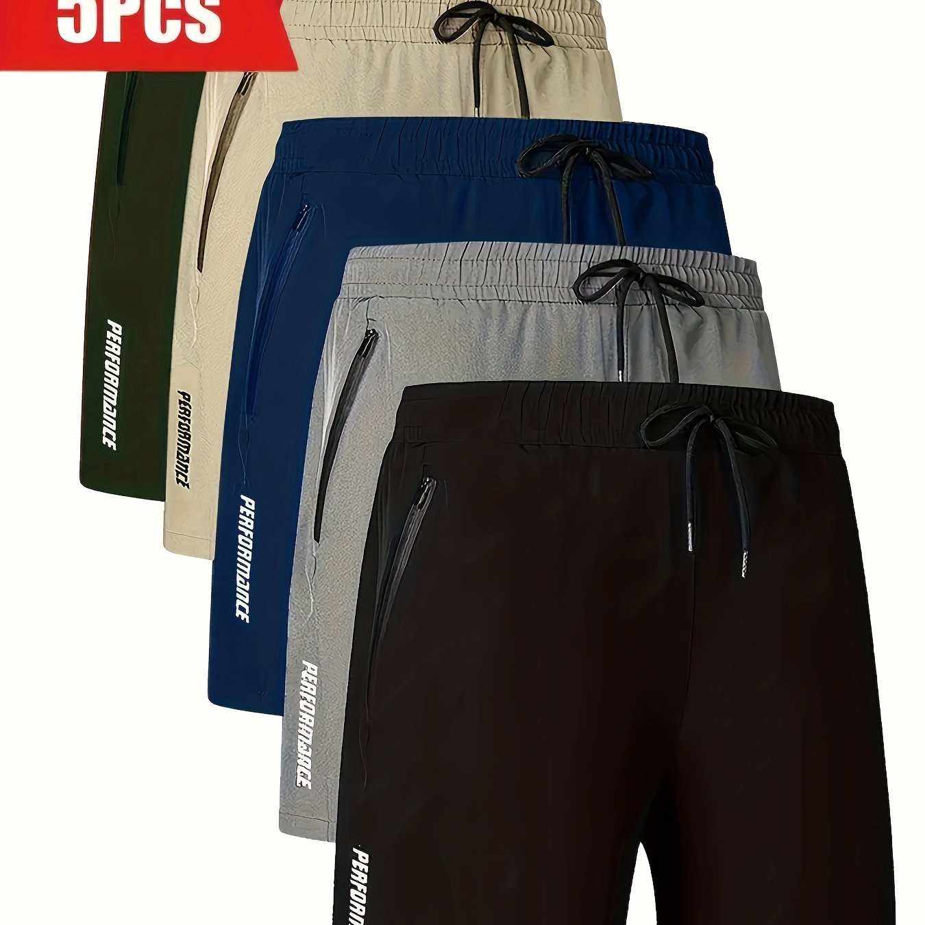 5pcs men's quick-dry breathable shorts with zipper pockets in multiple colors for casual summer wear.