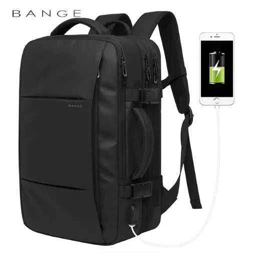 Men's business travel backpack with USB charging port, black Oxford cloth, 36-55L capacity, durable and stylish for professionals.