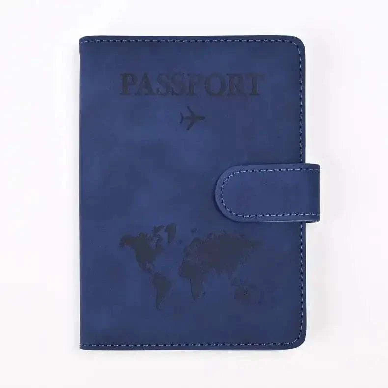 PU Leather Passport and Card Holder in blue with secure clasp and world map design.