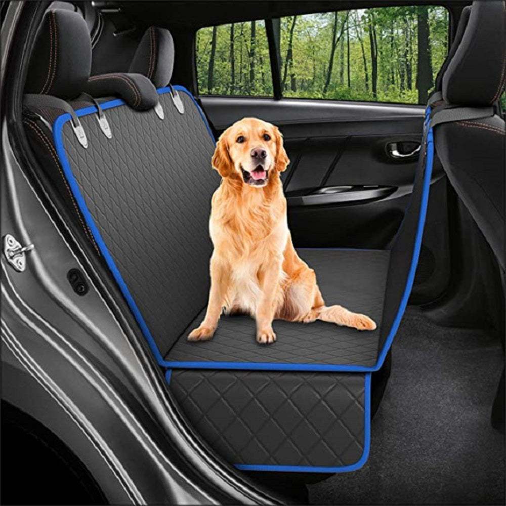 Dog sitting on a waterproof car seat cover with mesh viewing window and anti-skid surface for safety.