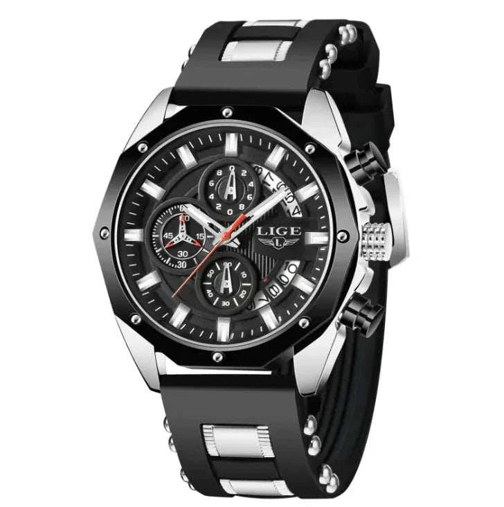 Luxury Silicone Sport Chronograph Watch with black strap and silver detailing.