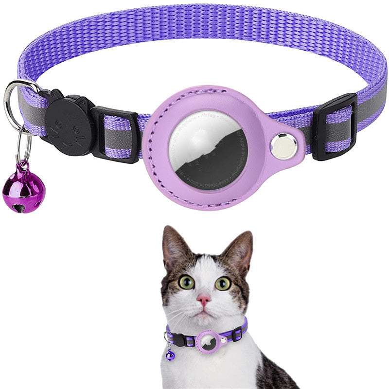 Reflective purple collar with Airtag holder for pets, featuring a durable nylon material and bell accessory.